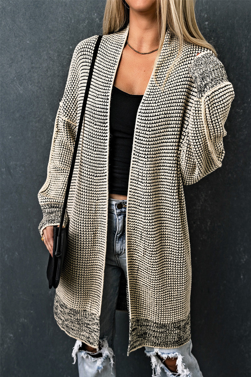 Apricot Plaid Knitted Long Open Front Cardigan eAura