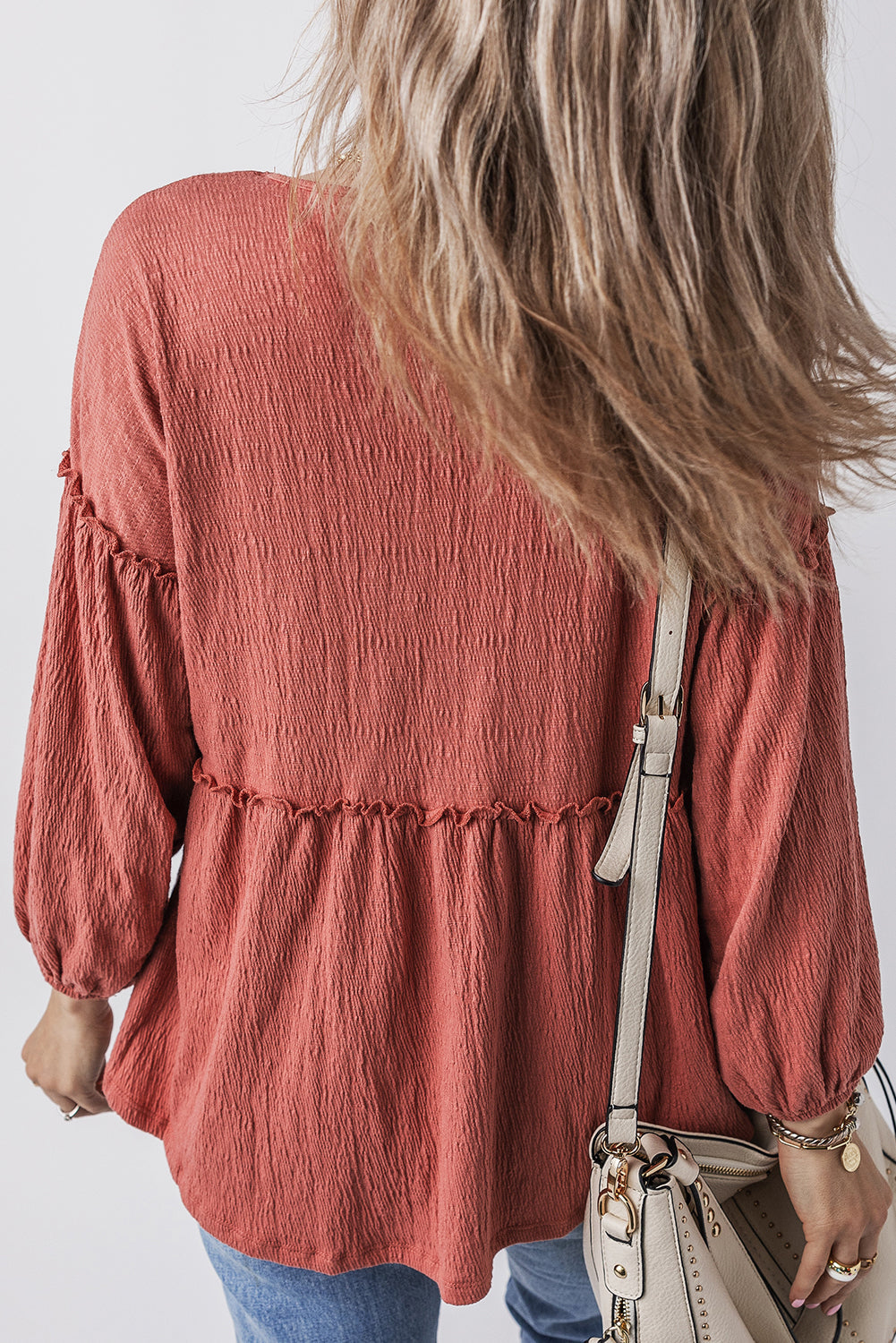 Mineral Red Solid Colour Textured Frilled Trim V Neck Puff Sleeve Blouse eAura