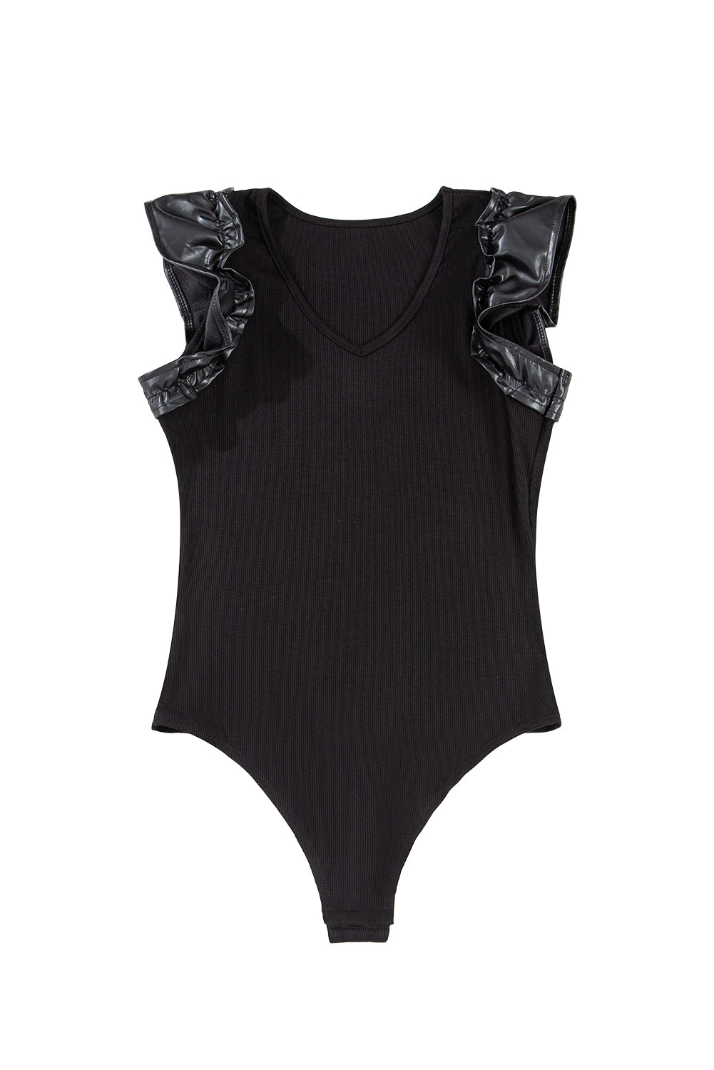 Black Leatherette Ruffle Patchwork Ribbed V Neck Bodysuit eAura