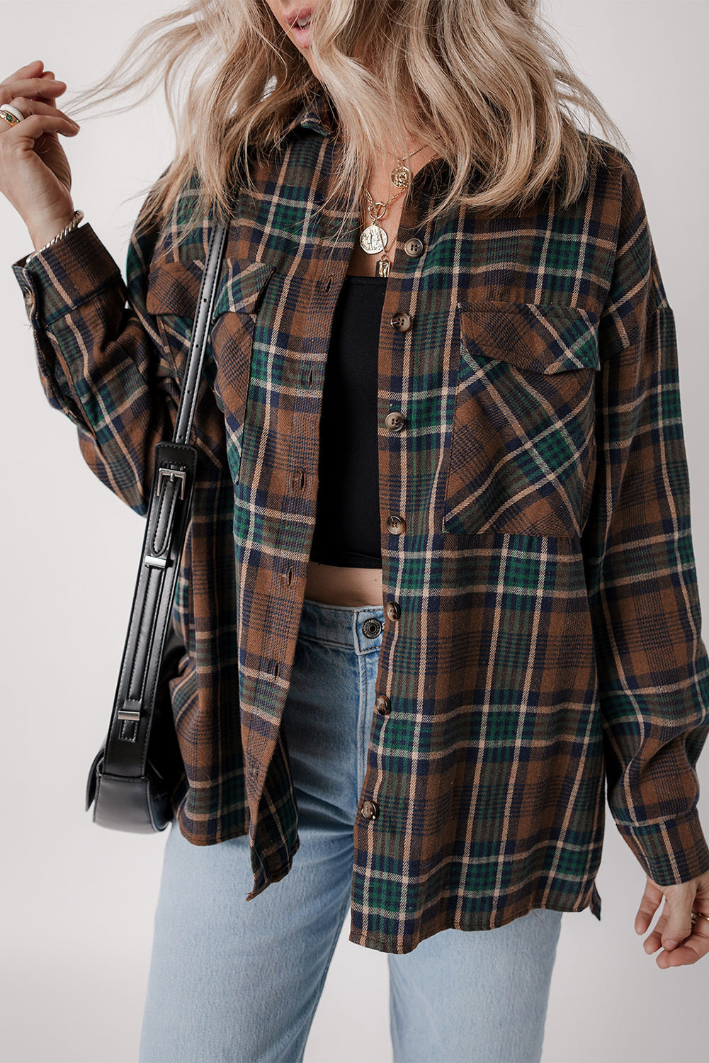 Brown Plaid Print Chest Pockets Buttoned Shirt Jacket eAura