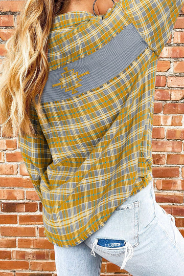 Ginger Plaid Embroidery Patch Button-Down Shacket eAura
