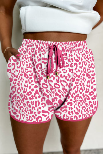Pink Leopard Elastic Waist Lace up Contrast Trim Casual Shorts eAura
