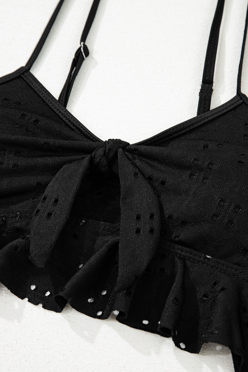 Black Eyelet Pattern Knotted Ruffle Trim 3pcs Bikini Set eAura