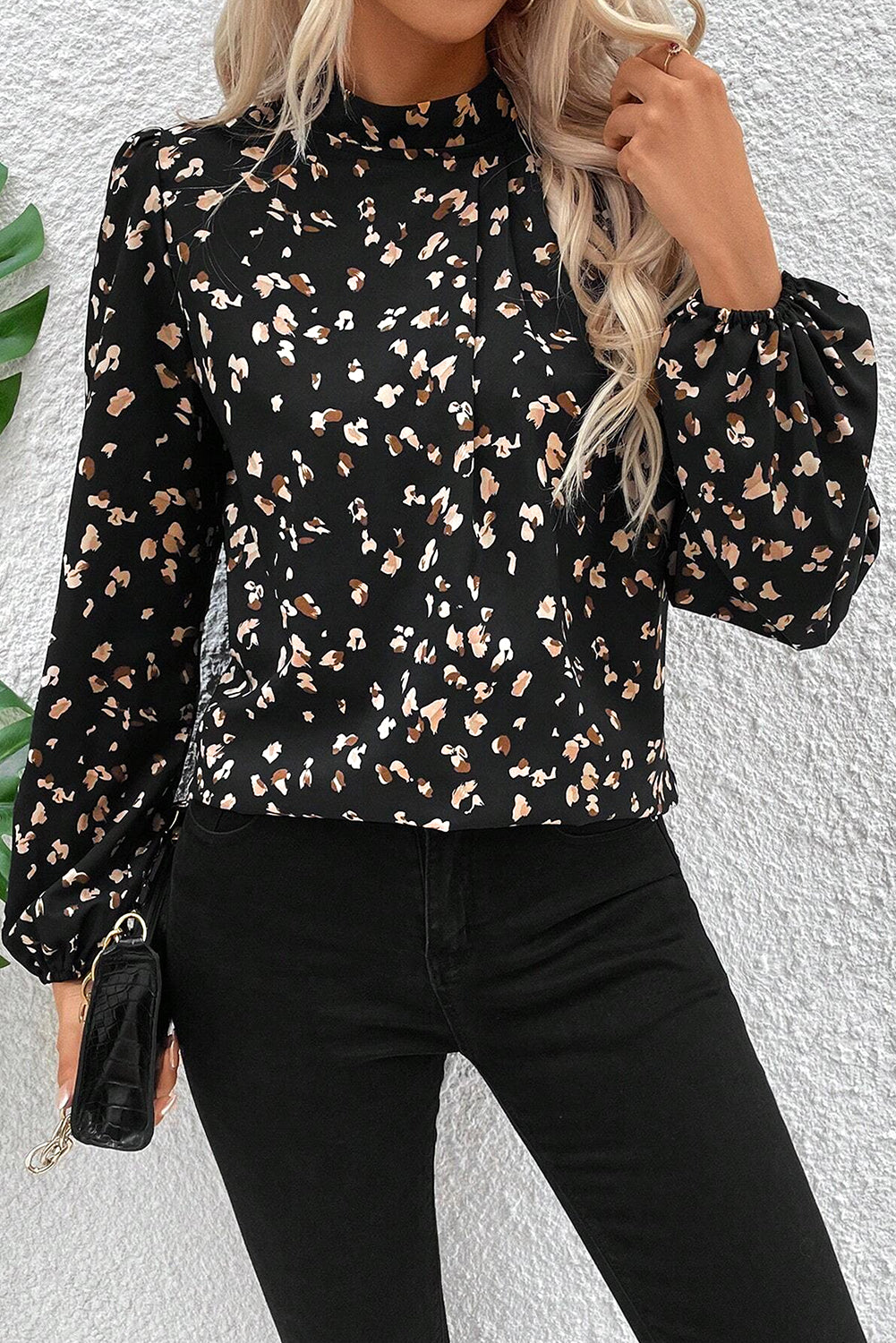 Black Leopard Print Lantern Sleeve Mock Neck Pleated Blouse eAura