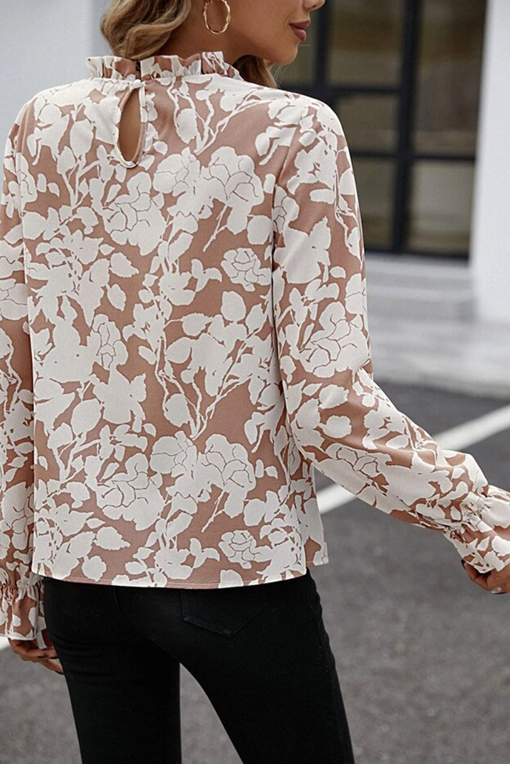 Light French Beige Floral Print Frilled Neckline Flounce Sleeve Blouse eAura