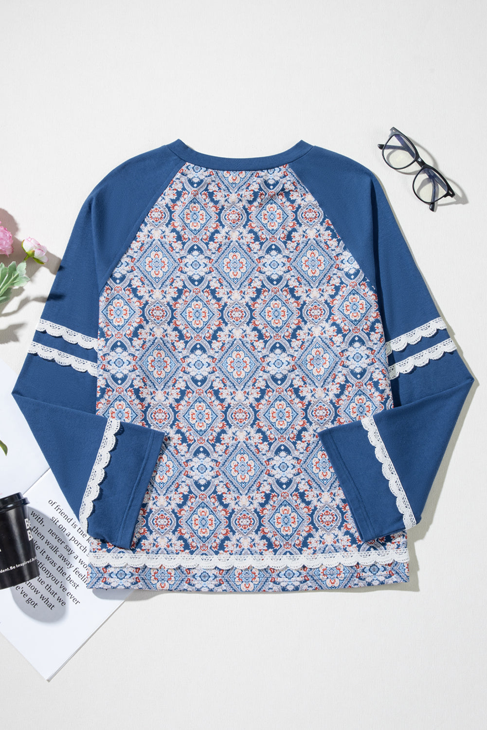 Blue Geometric Printed Lace Patchwork Ric Rac Raglan Long Sleeve Top eAura