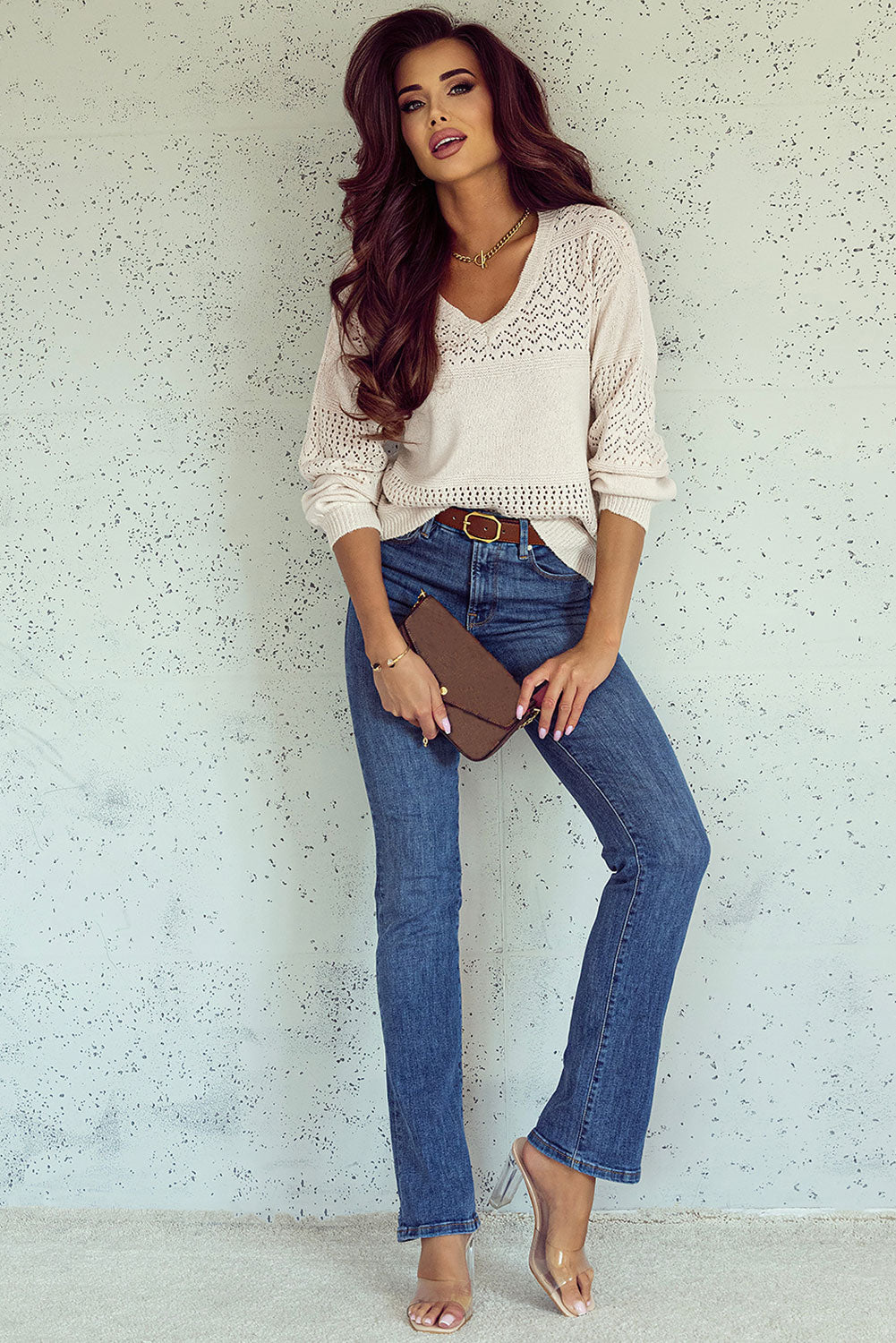 Black Eyelet Pattern Detail V Neck Drop Shoulder Sweater eAura
