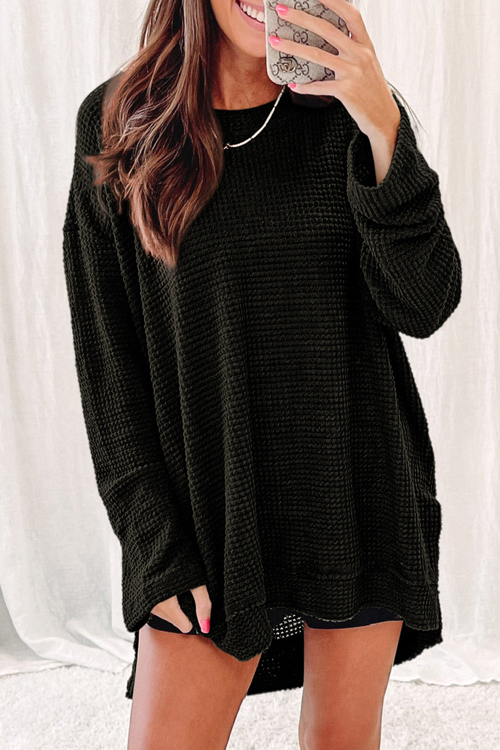 Black Waffle Knit High Slits Oversized Top eAura