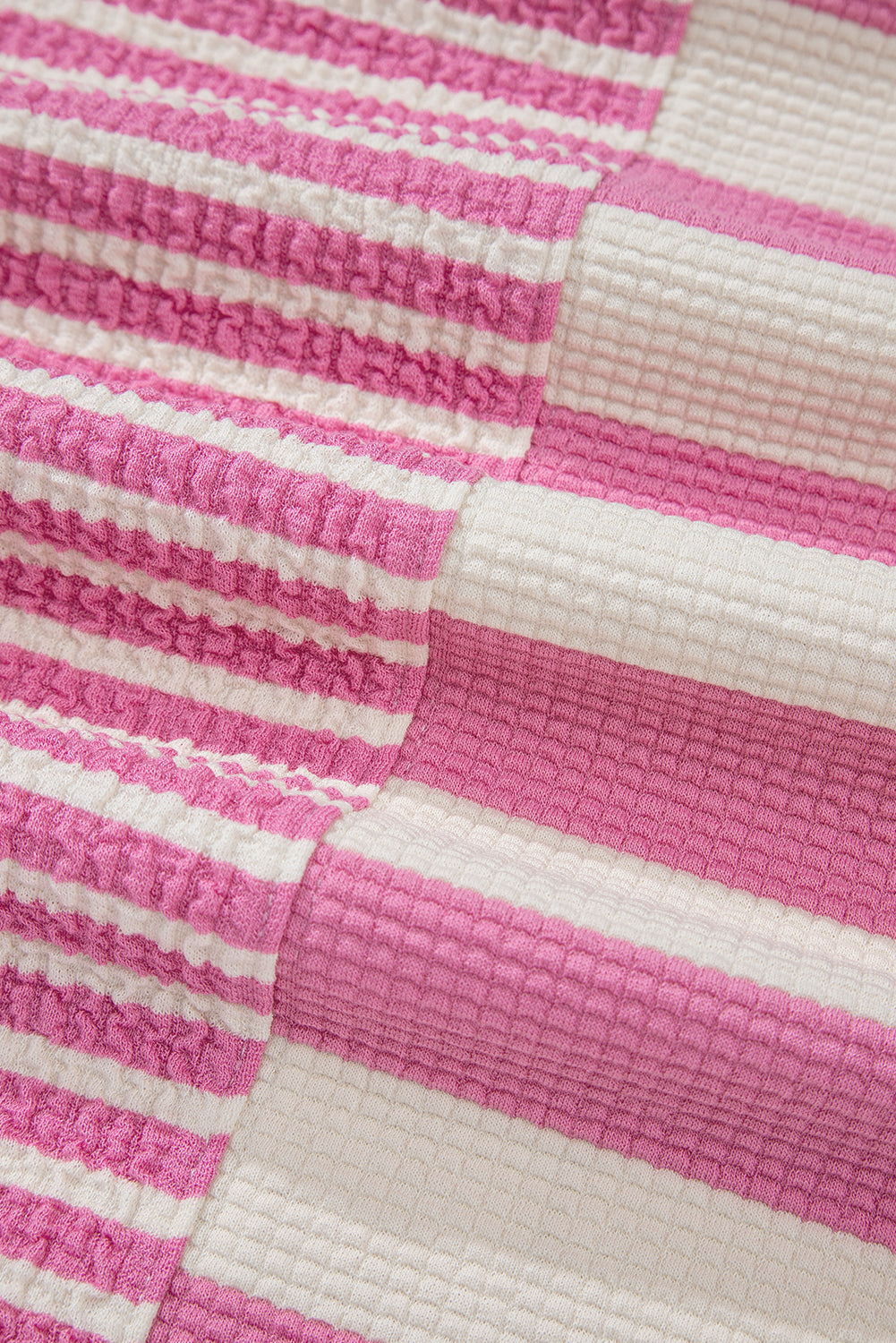 Pink Stripe Patchwork Textured Short Sleeve High Low Loose Top eAura