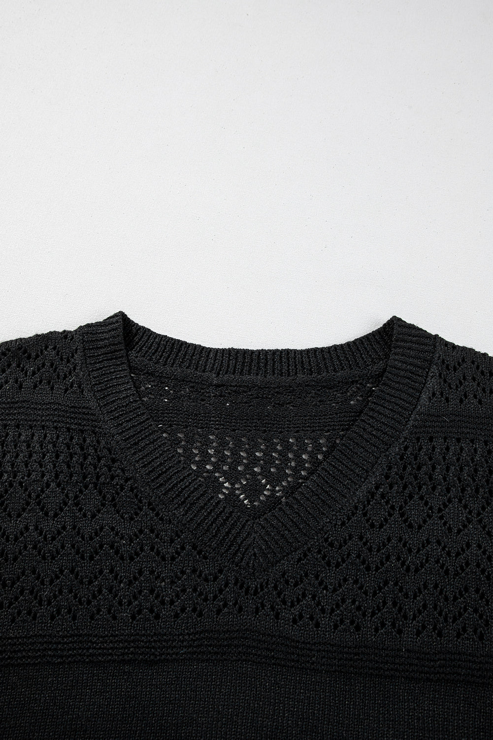 Black Eyelet Pattern Detail V Neck Drop Shoulder Sweater eAura