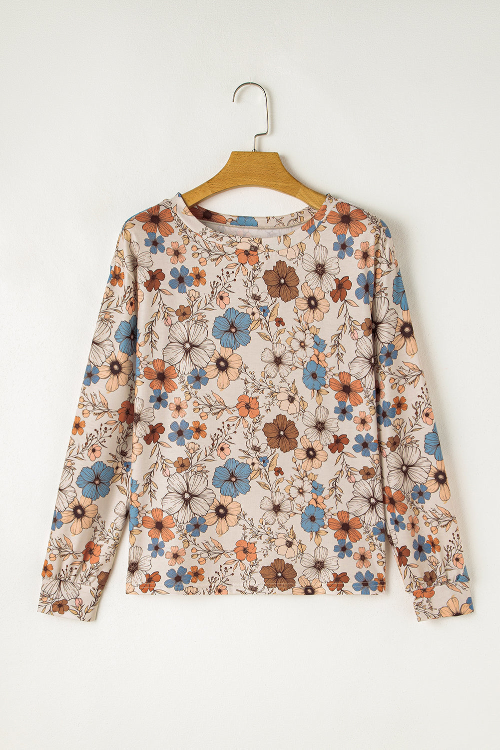 Khaki Floral Print Loose Crew Neck Long Sleeve T Shirt eAura