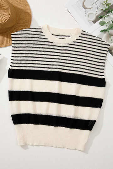 Black white Striped O Neck Sweater Vest eAura