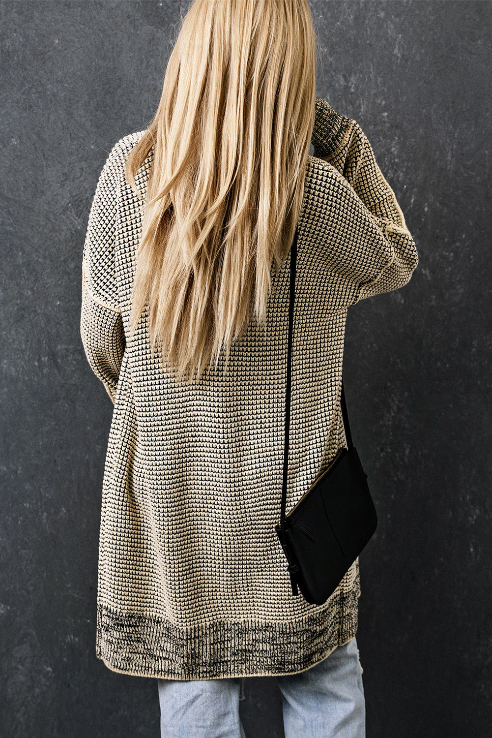 Apricot Plaid Knitted Long Open Front Cardigan eAura