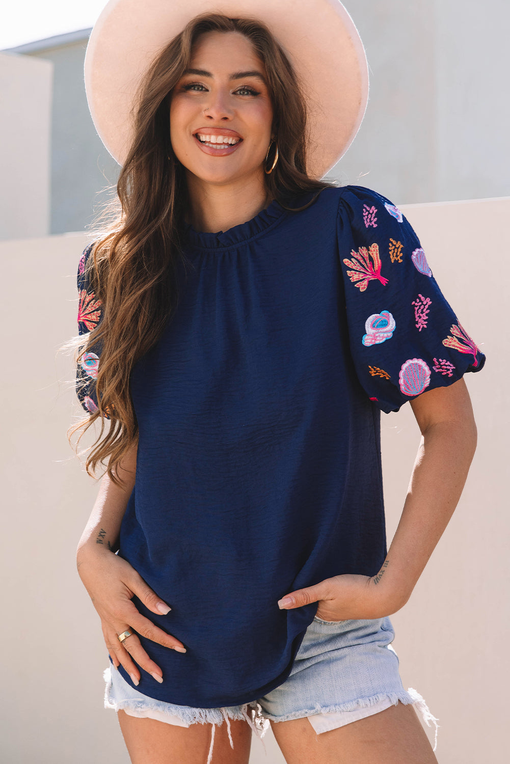 Sail Blue Shellfish Coral Embroidery Puff Sleeve Frilled Neck Blouse eAura
