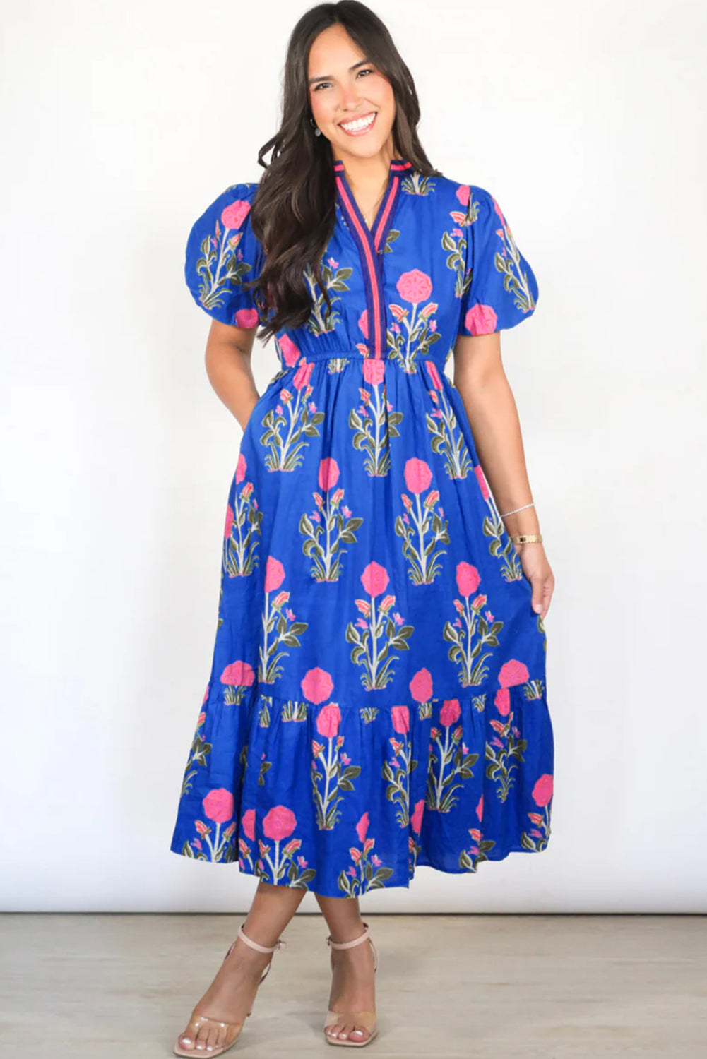 Floral Puff Short Sleeve V Neck High Waist Maxi Dress eAura