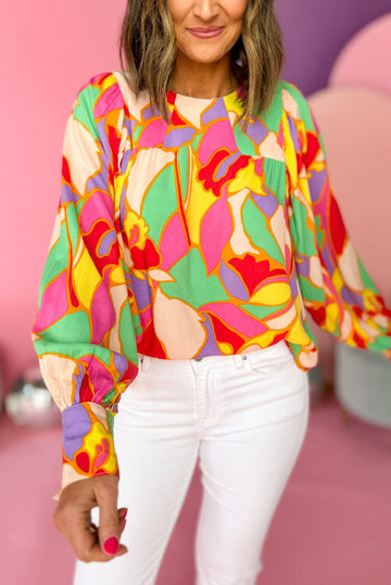 Yellow Abstract Print Puff Sleeve Blouse eAura