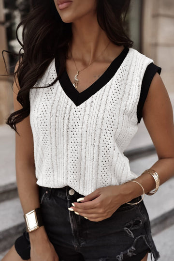 White Contrast Trim Eyelet Knit Colourblock V Neck Sweater Vest eAura