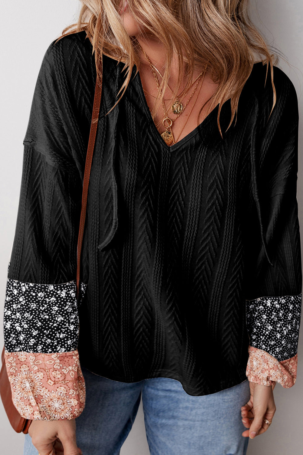 Beige Floral Patchwork Textured Knit Drawstring V Neck Blouse eAura