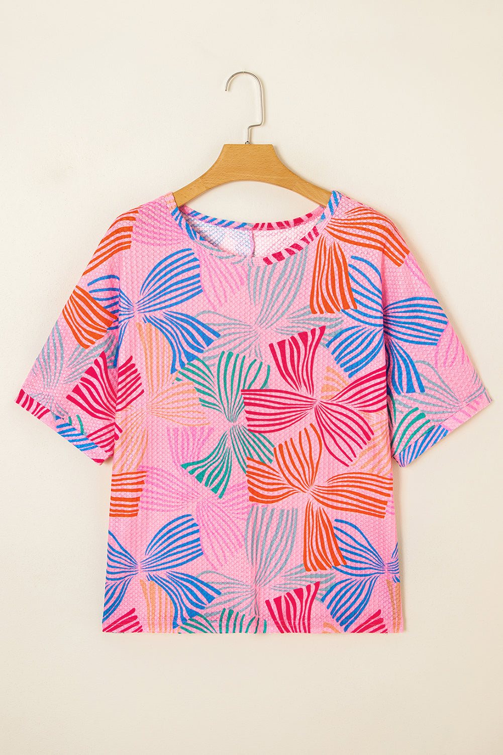 Pink Bowknot Printed Waffle Crewneck Loose Short Sleeve Top eAura