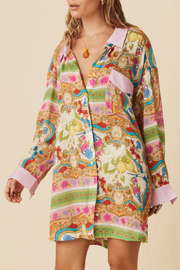 Multicolour Boho Floral Print Buttoned Long Sleeve Shirt Dress eAura