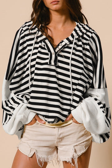 Black white Oversized Striped Henley Buttons Dolman Sleeve Hooded Top eAura