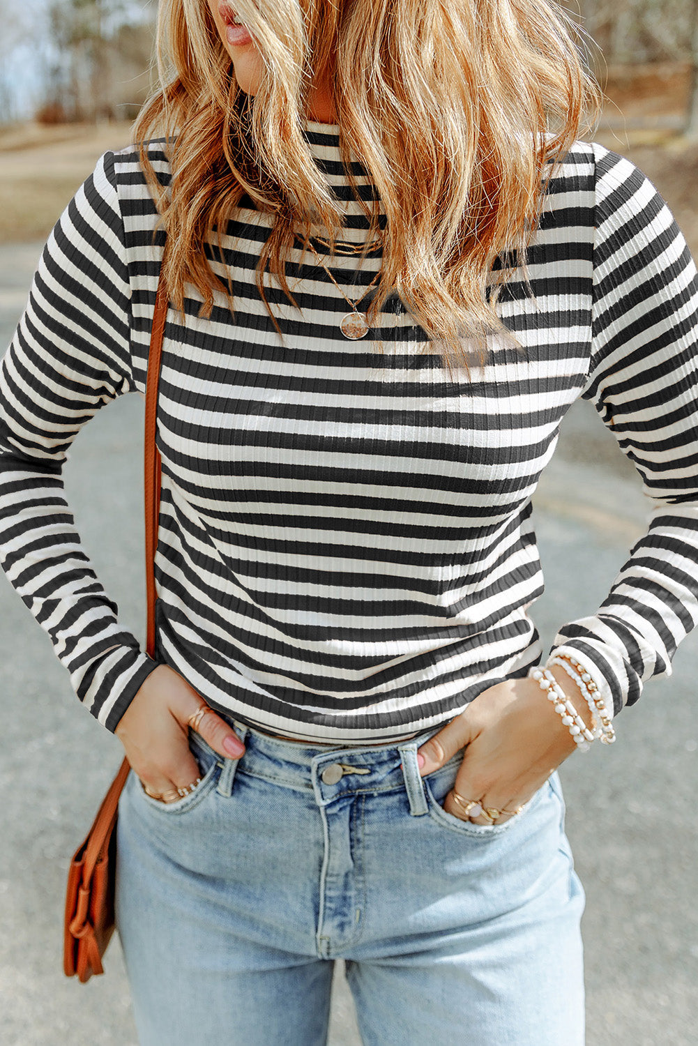 Black Striped Print Textured Knit Long Sleeve Tee eAura