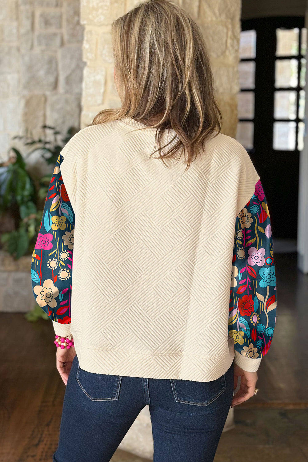 White Contrast Floral Sleeve Textured Drop Shoulder Knit Top eAura