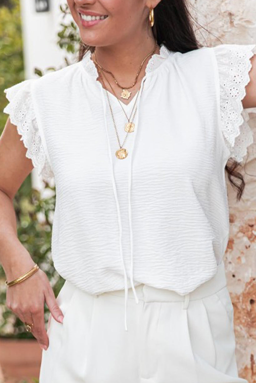 White Embroidered Ruffle Trim Textured Blouse eAura