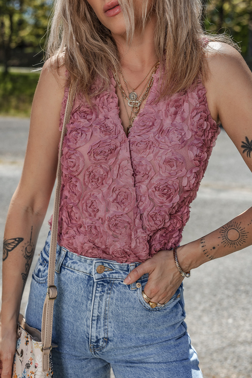 Heather Floral Textured V Neck Wrapped Sleeveless Bodysuit eAura
