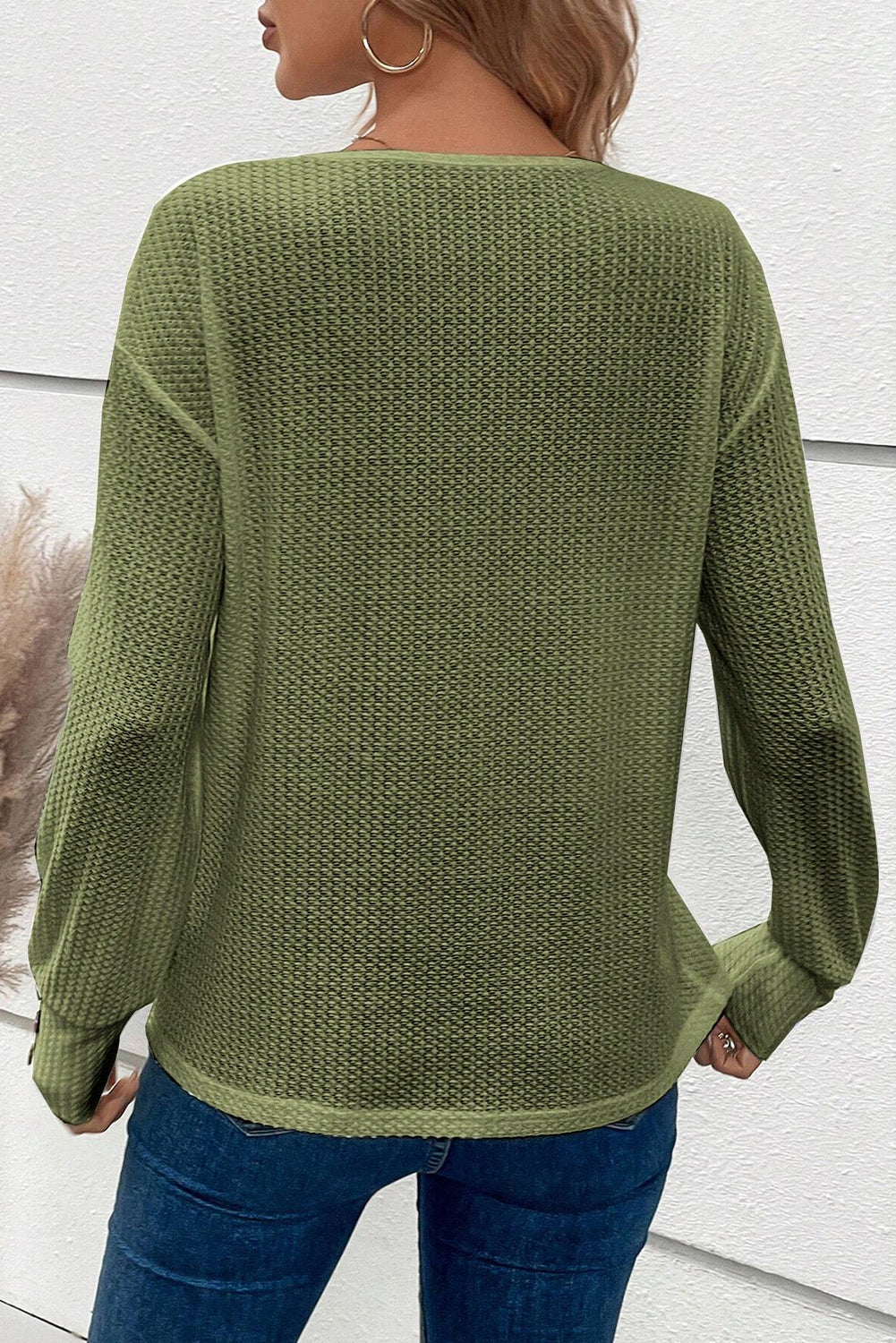 Jungle Green Textured Knit V Neck Button Cuffs Long Sleeve Top eAura