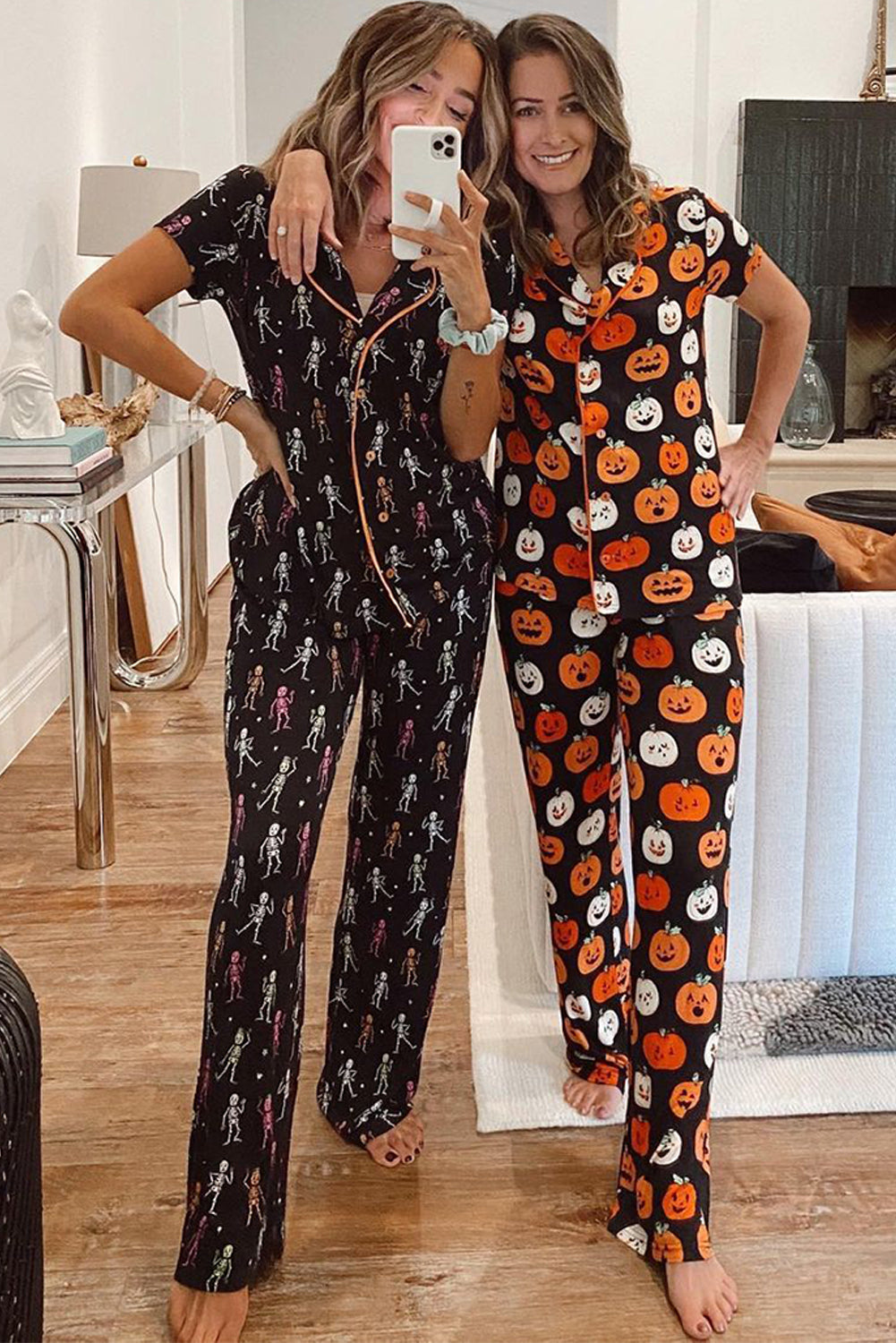 Black Halloween Pattern Short Sleeve Shirt Pyjama Set eAura
