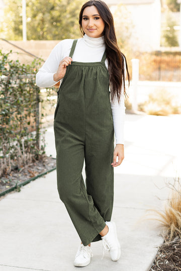 Jungle Green Solid Pocketed Loose Fit Corduroy Overall BB Fashion Outlet