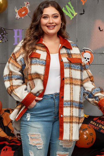 Brown Stripe Plus Size Plaid Print Collared Buttoned Jacket BB Fashion Outlet
