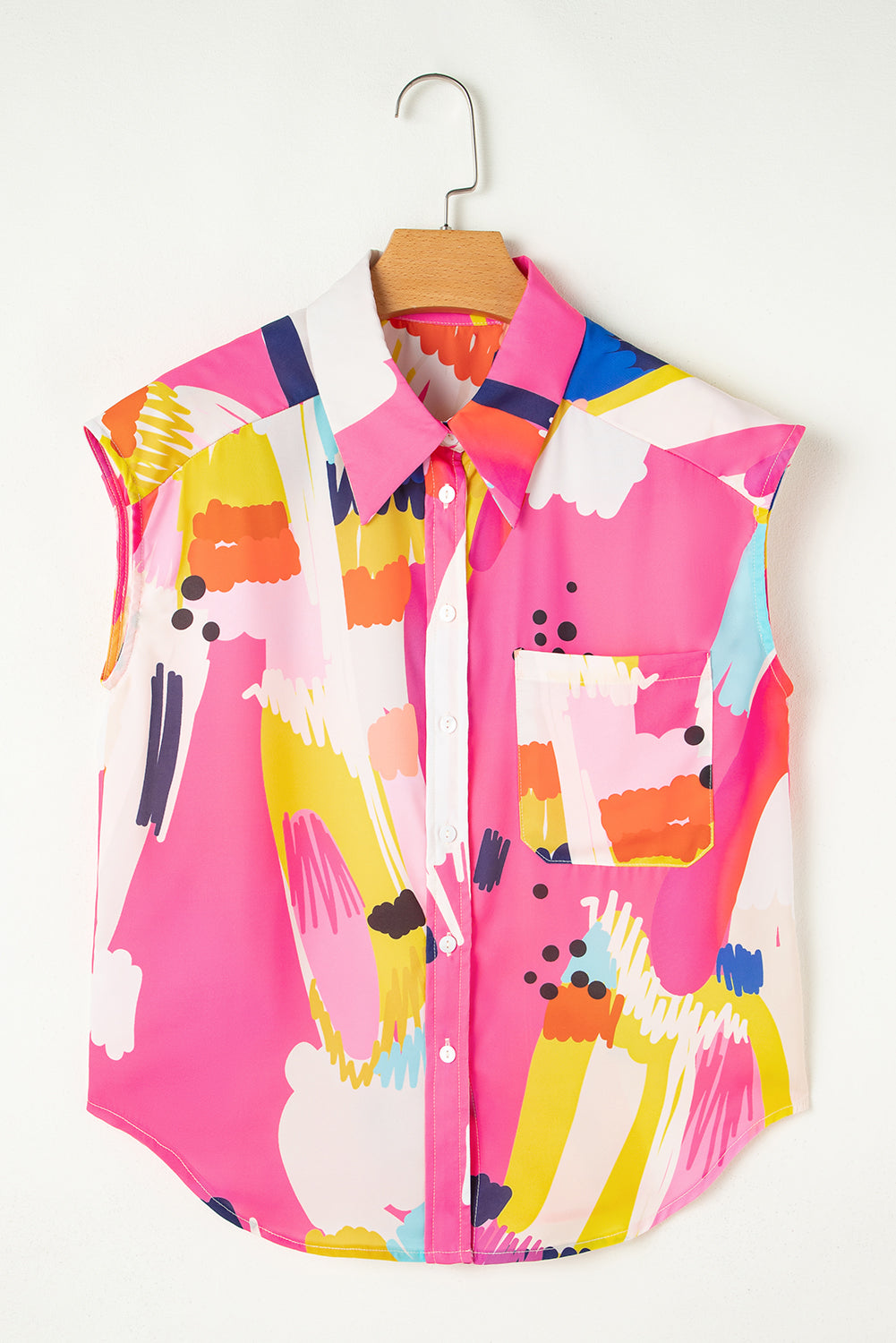 Multicolour Abstract Print Collared Cap Sleeve Casual Shirt eAura
