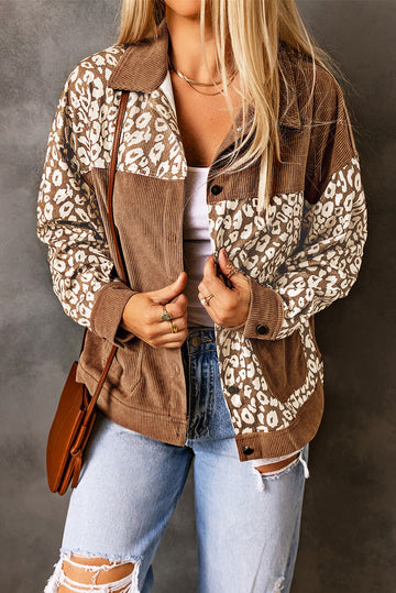 Brown Leopard Print Corduroy Long Sleeve Jacket eAura