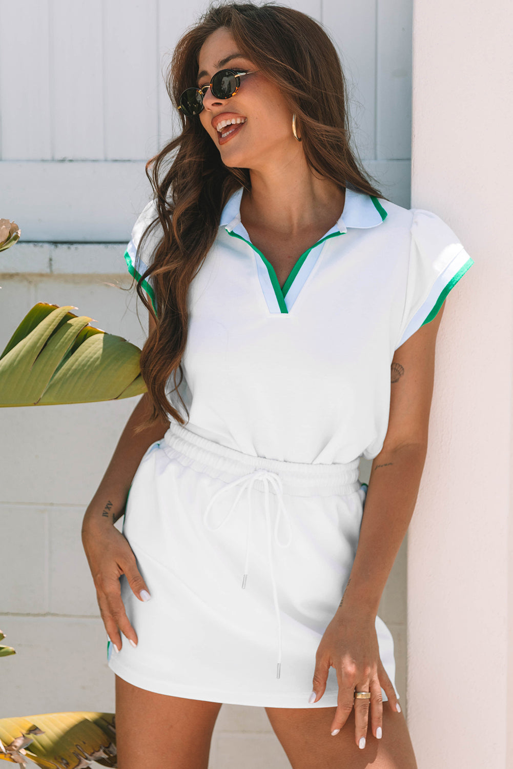 White Colourblock Edge Cap Sleeve Collared Top 2 Piece Skirt Set eAura