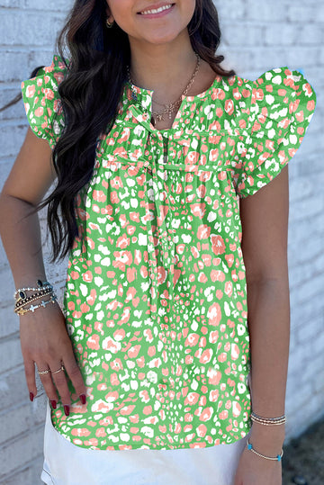 Green Abstract Leopard Tied Front Flutter Sleeve Blouse eAura