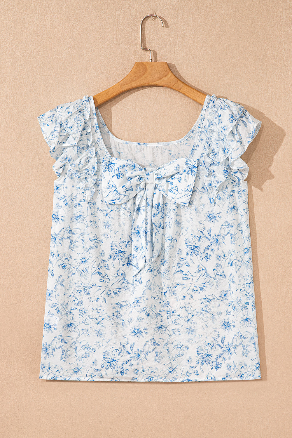 Floral Ruffled Short Sleeve Bow Back Square Neck Blouse eAura