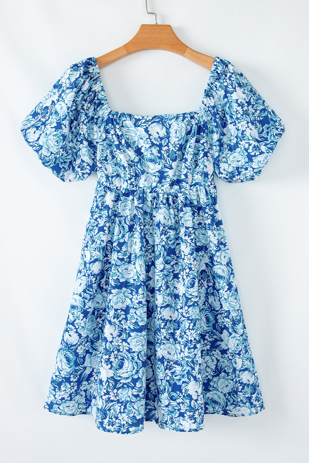 Blue Floral Puff Sleeve Babydoll Mini Dress eAura