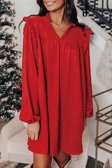 Fiery Red Textured Ruffled Trim V Neck Loose Fit Mini Dress eAura