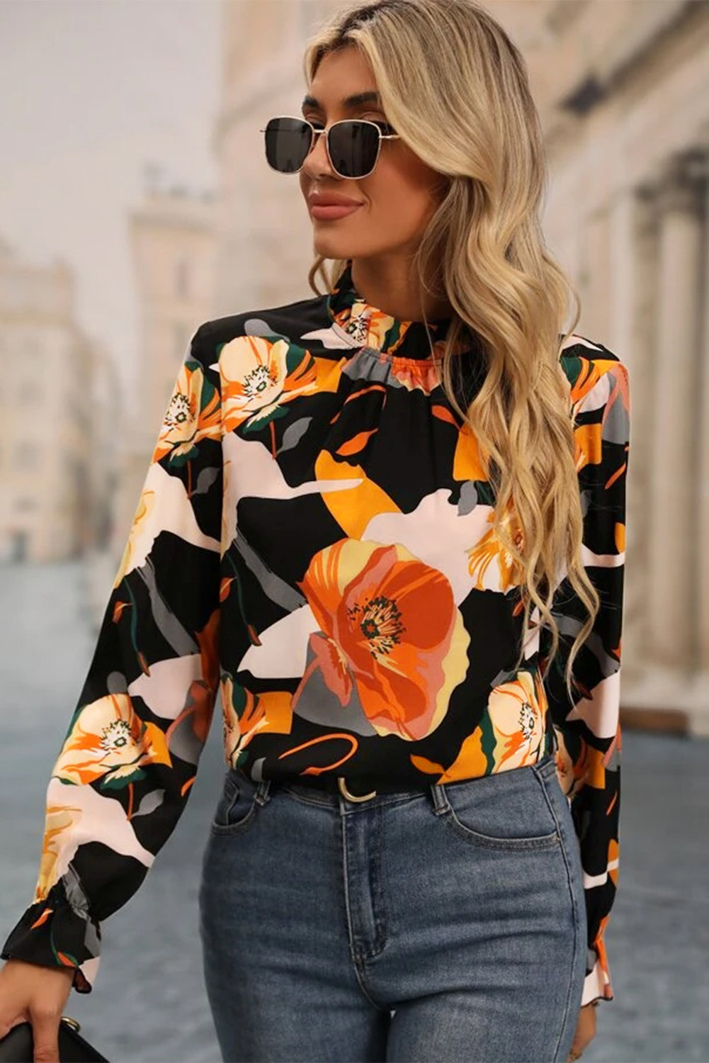 Black Floral Print Mock Neck Blouse eAura