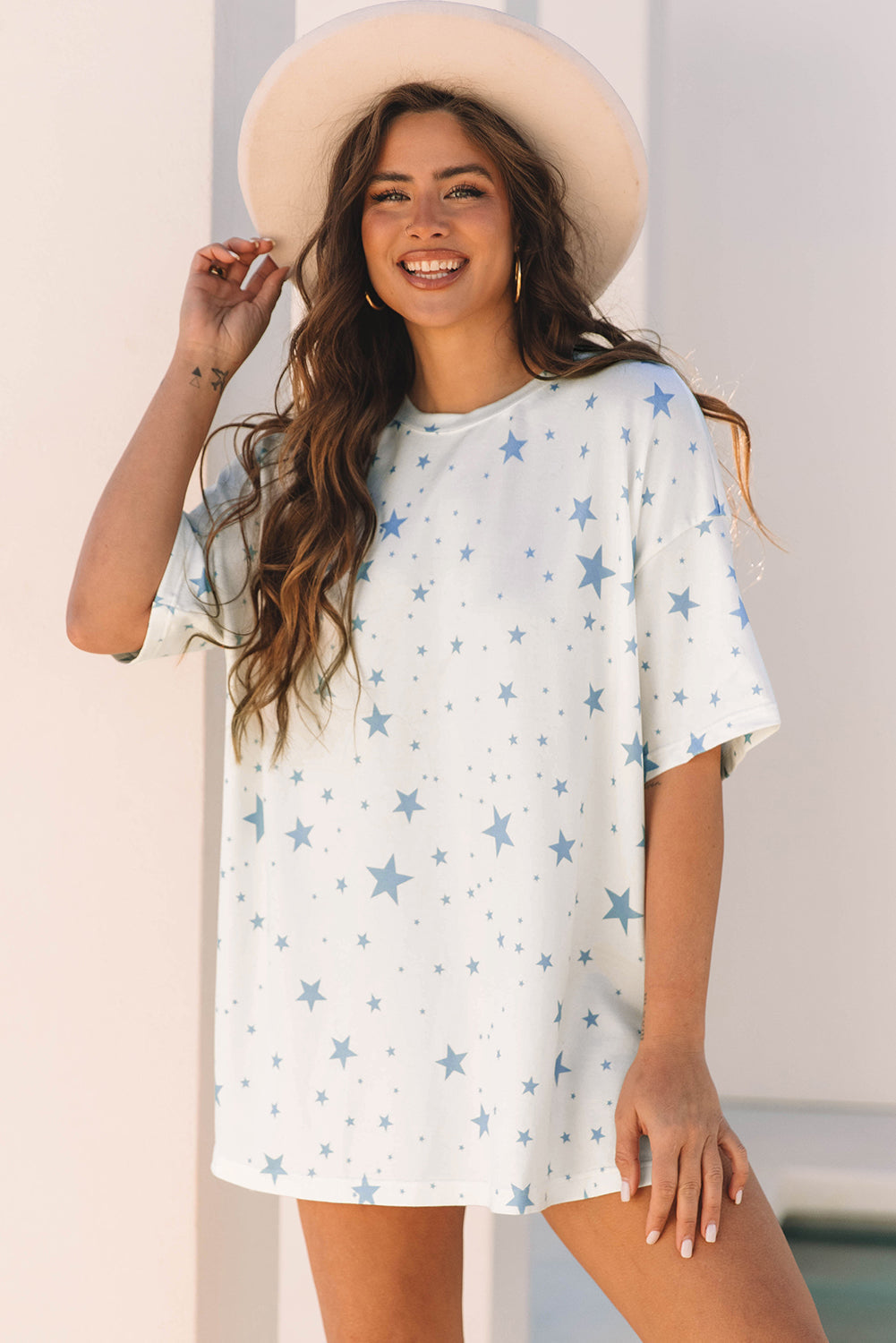 Blue Stars Print Drop Shoulder Oversized T Shirt with Slits eAura