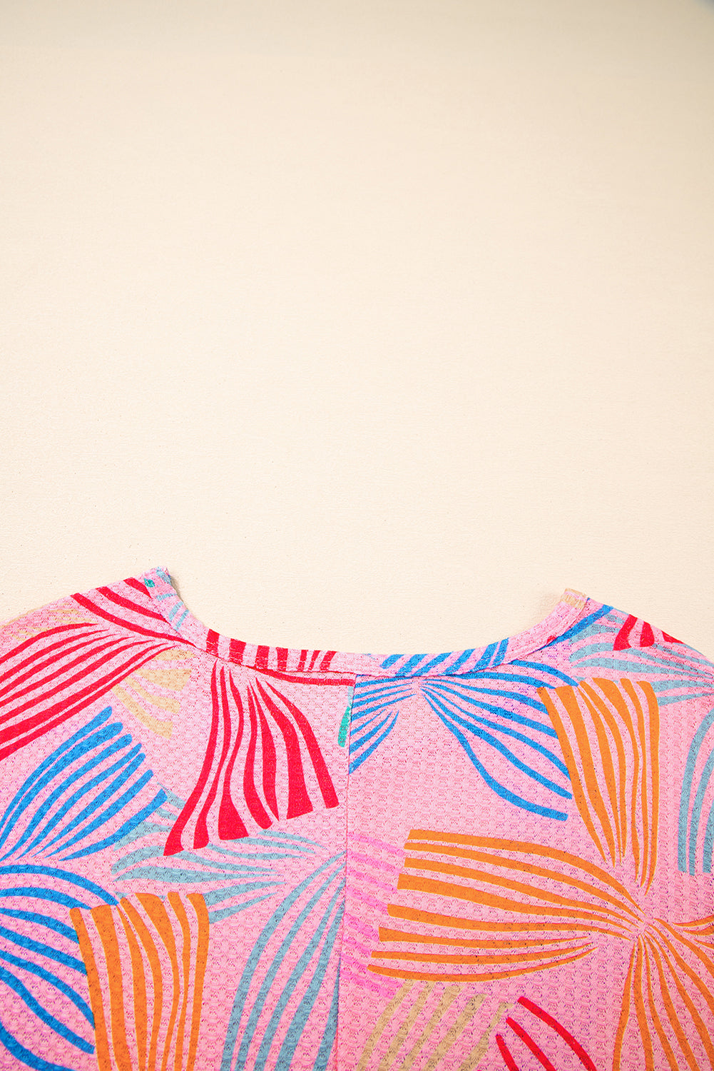 Pink Bowknot Printed Waffle Crewneck Loose Short Sleeve Top eAura