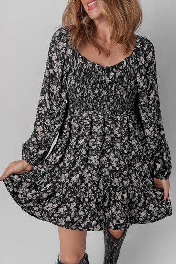 Black Floral Long Sleeve Frilly Shirred Square Neck Mini Dress - eAura