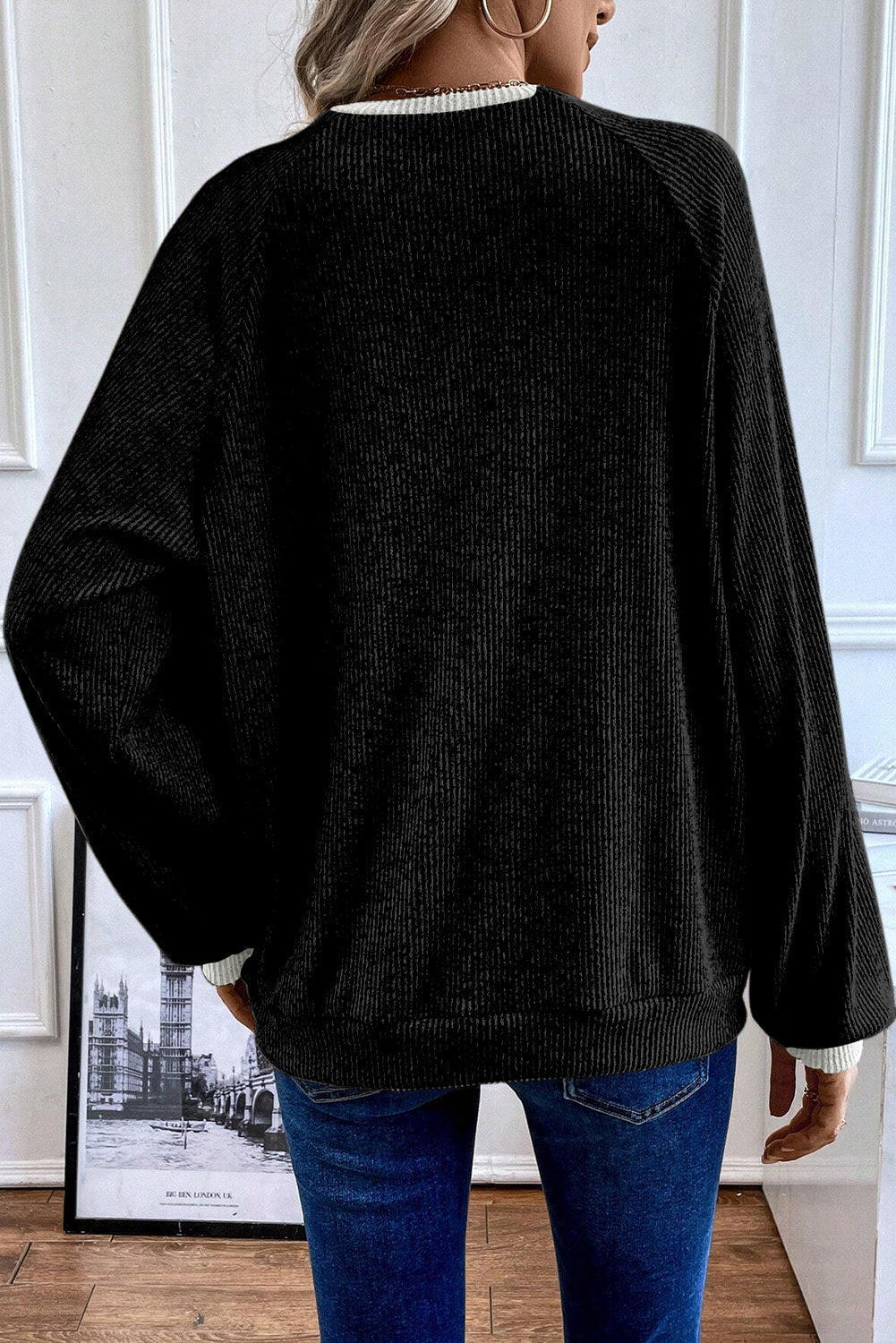 Black Colour Contrast Ribbed Loose Fit Long Sleeve Top eAura