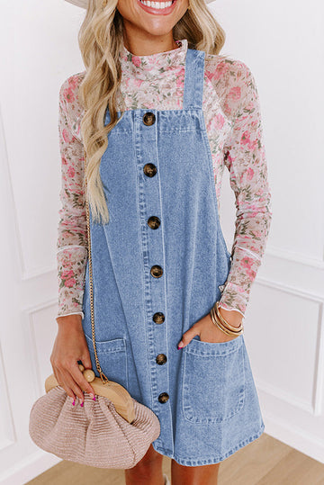 Beau Blue Wide Strap Button Front Pocketed Denim Mini Dress eAura