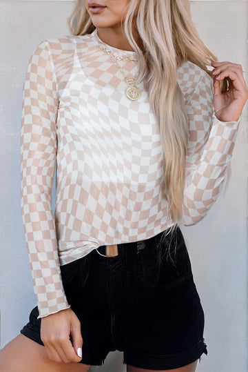 Khaki Checkered Pattern Mesh Mock Neck Long Sleeve Top eAura