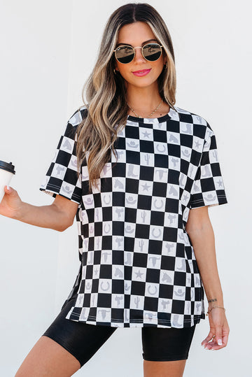 Black Western Fashion Checkerboard Print Side Split T Shirt eAura
