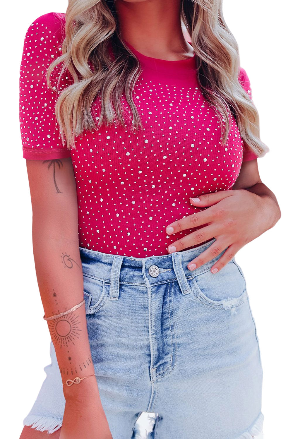 Rose Rhinestone Allover Round Neck Short Sleeve Bodysuit eAura