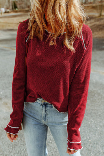 Fiery Red Textured Round Neck Long Sleeve Top eAura